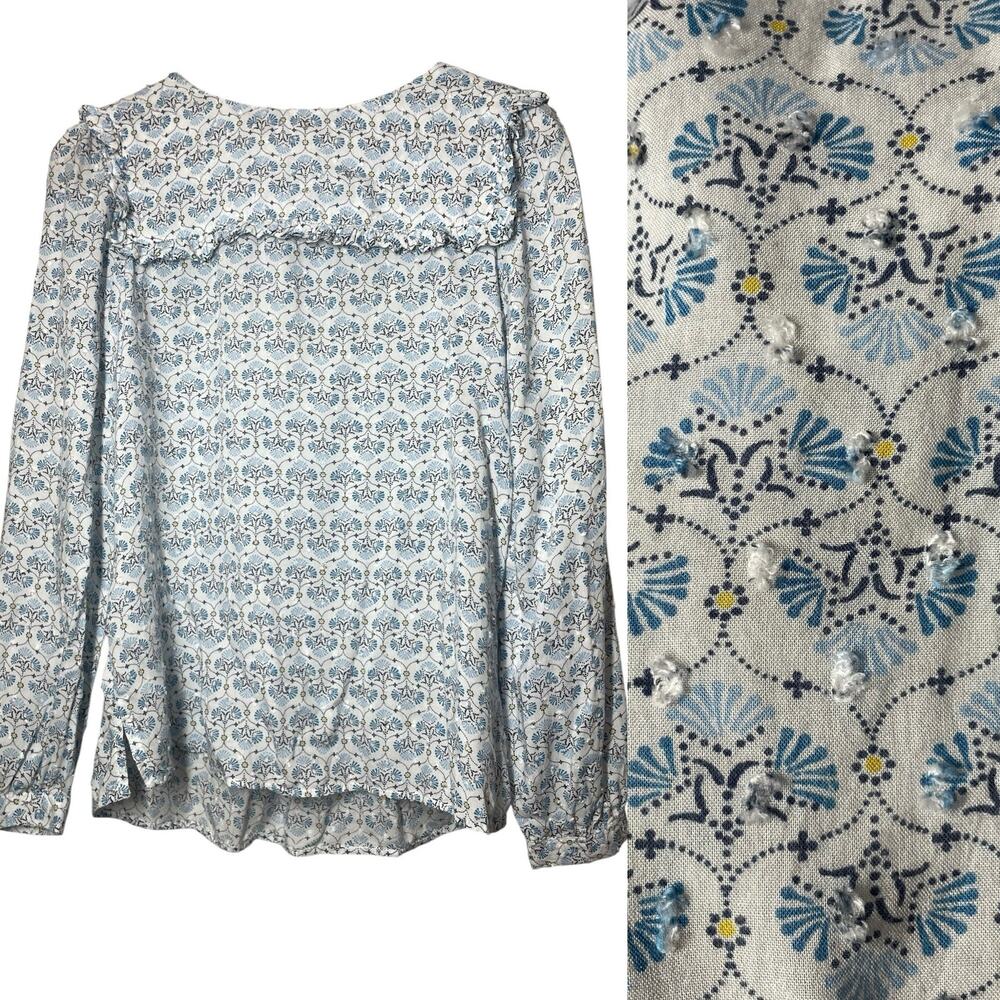 LOFT Blouse Long Sleeve Swiss Dot Ruffle Floral Cottage Size Small Blue
